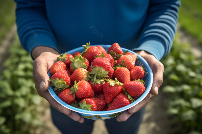 农夫端着一盆红色的成熟俄草莓,高清,摄影图,摄影图片,图片大全,摄影图免费下载